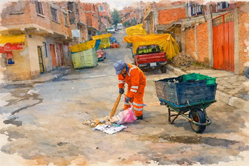 Trabajador limpiando calle en barrio